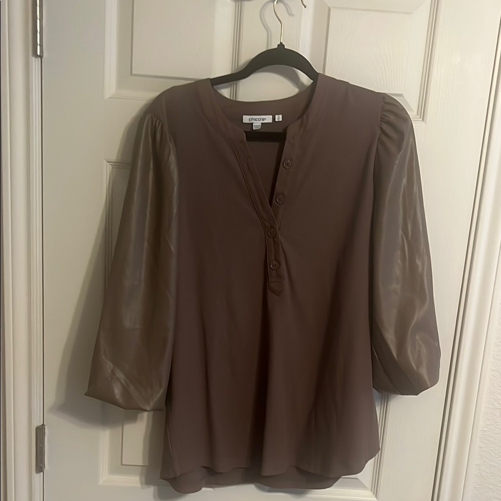 Chico's Brown Relaxed Blouse with Mandarin Collar